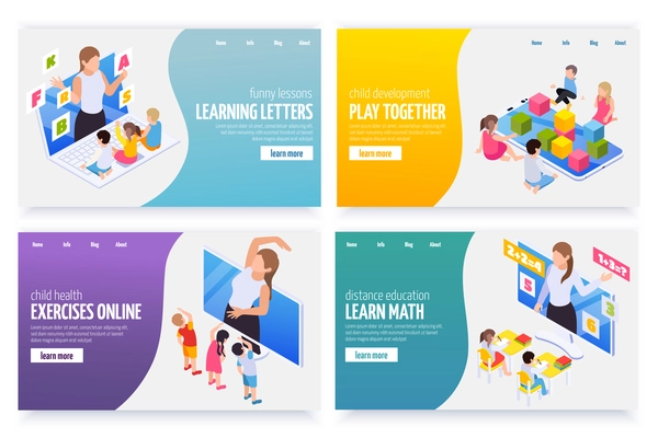 Learning math letters gym exercises remotely online kindergarten games 4 distant education isometric web banners vector illustration