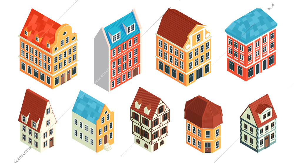 Isometric old town set with colourful isolated images of vintage medieval style houses on blank background vector illustration