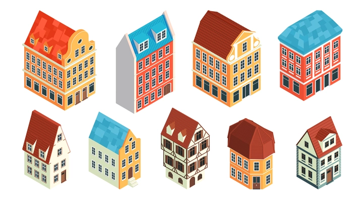 Isometric old town set with colourful isolated images of vintage medieval style houses on blank background vector illustration