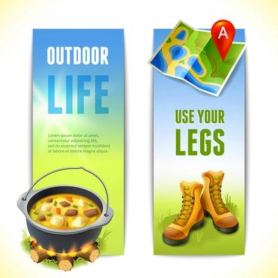 Camping use your legs outdoor life vertical banners set isolated vector illustration