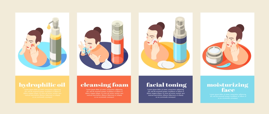 Face and skin care isometric 4x1 set of vertical banners with compositions of text and women vector illustration