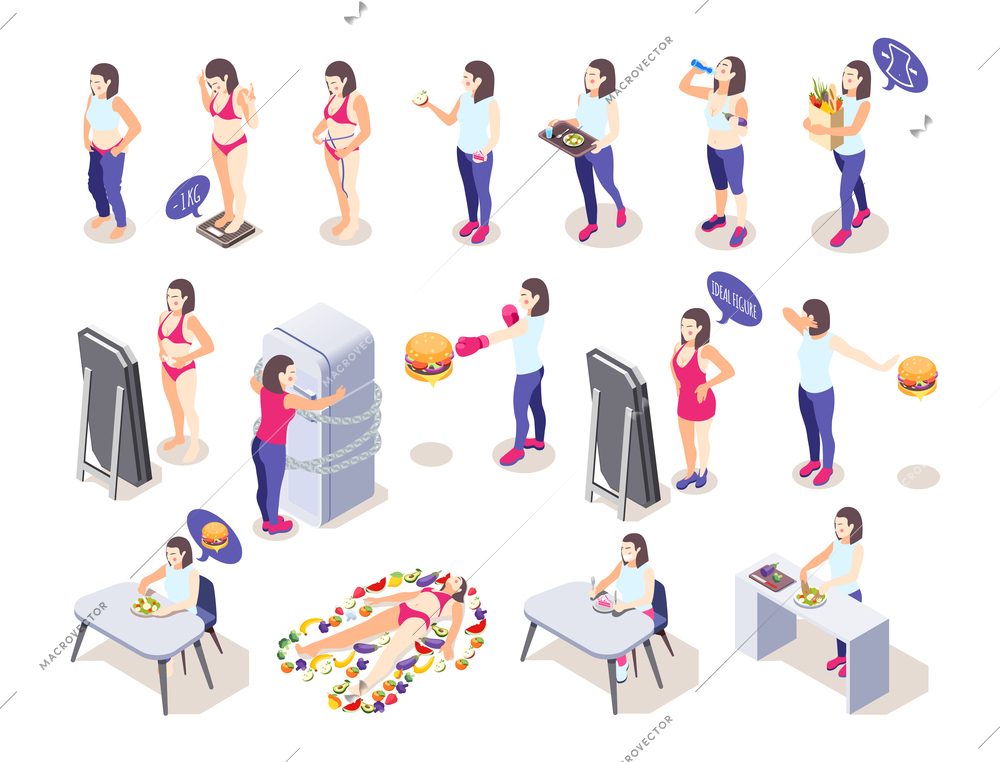 Woman on diet isometric icons collection with female human characters losing and putting on some weight vector illustration