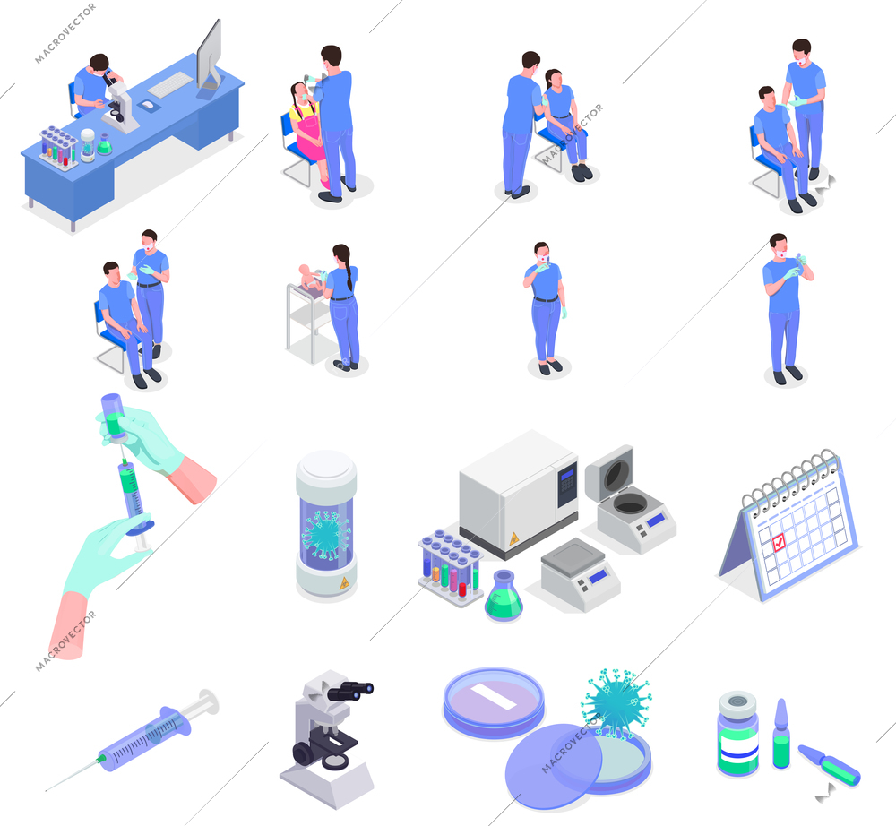 Vaccination isometric set of isolated syringe and tube icons with virus images and characters of doctors vector illustration