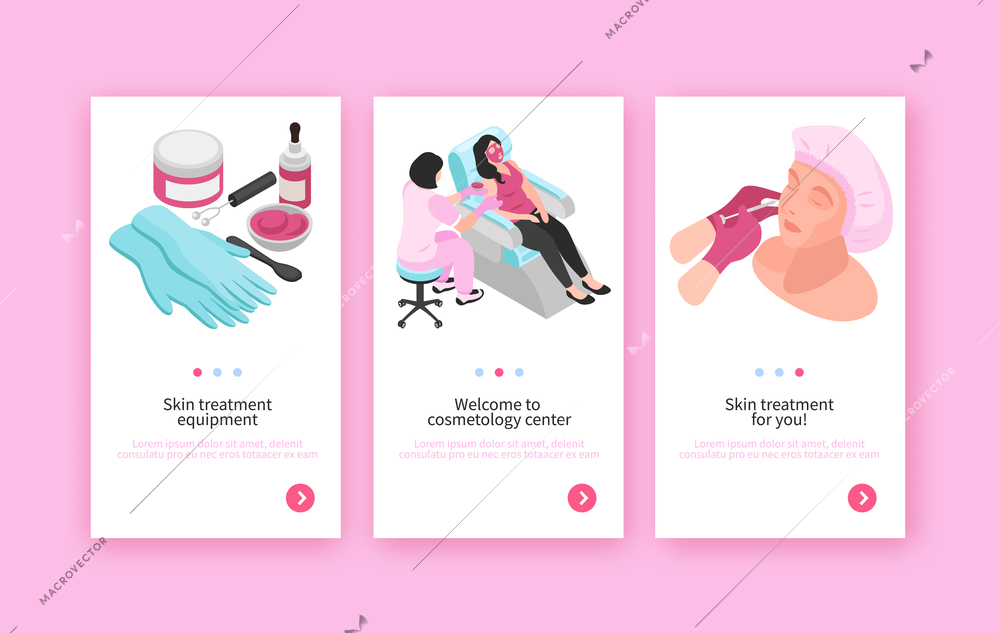 Isometric set of three cosmetologist banners with page switch buttons editable text and medical procedures images vector illustration