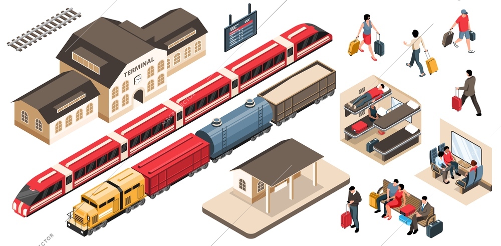 Isometric railway set with isolated images of trains with station buildings train carriage and waiting passengers vector illustration