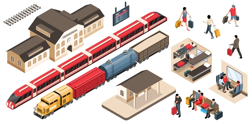 Isometric railway set with isolated images of trains with station buildings train carriage and waiting passengers vector illustration