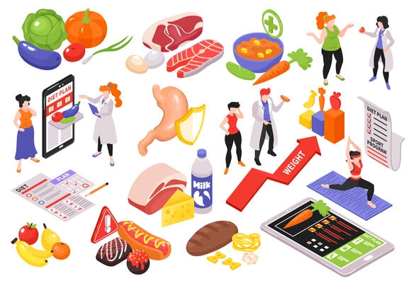 Isometric dietician nutritionist set of isolated food icons pictogram signs and people with gadgets and text vector illustration