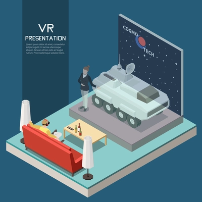 VR presentation concept with virtual exhibition symbols isometric vector illustration