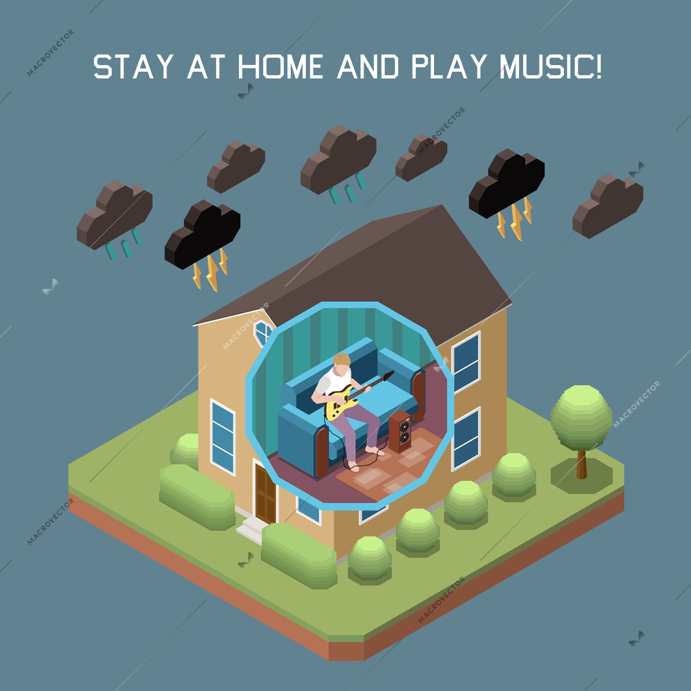 Stay at home concept with play music symbols isometric  vector illustration