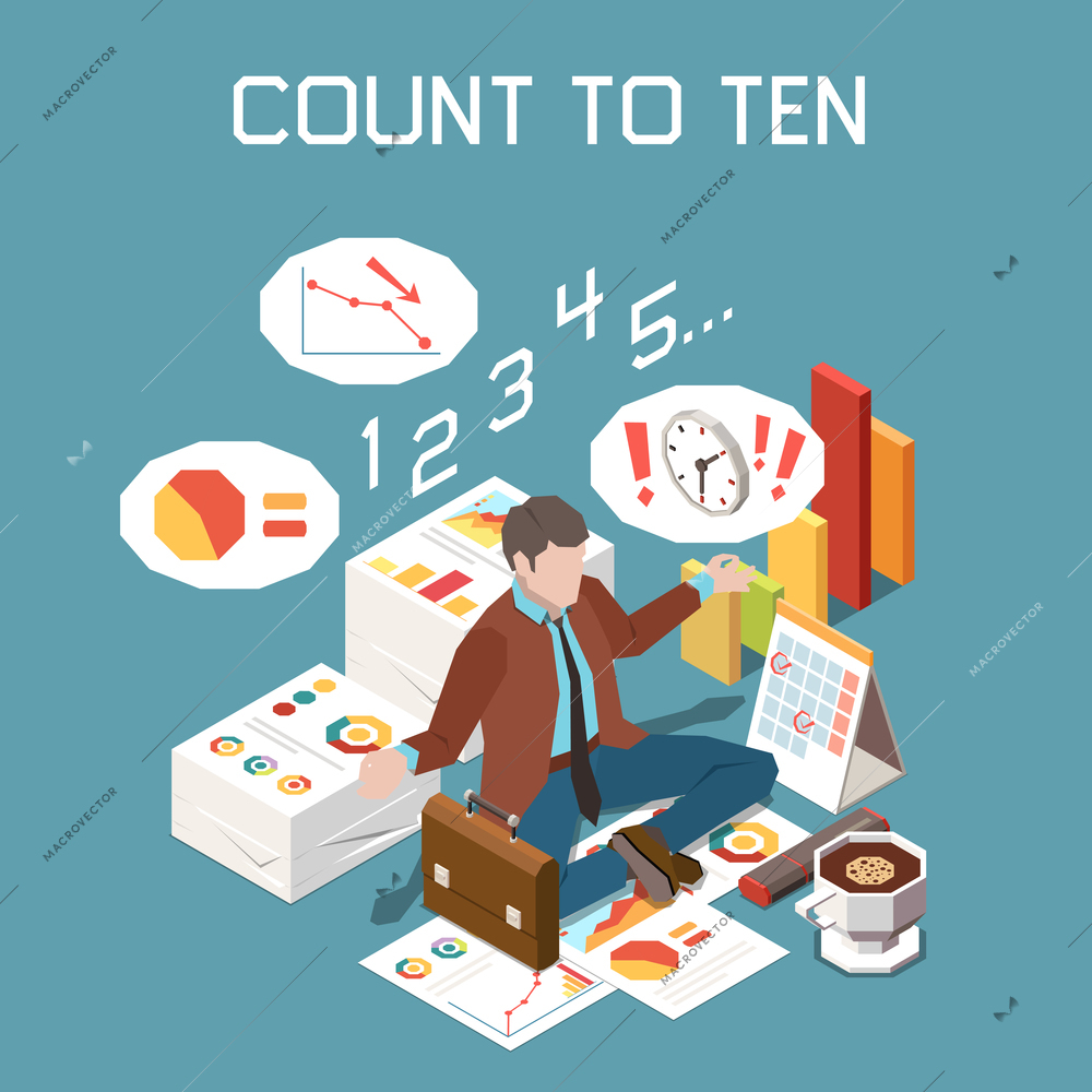 Stress management concept with count to ten strategy symbols isometric vector illustration