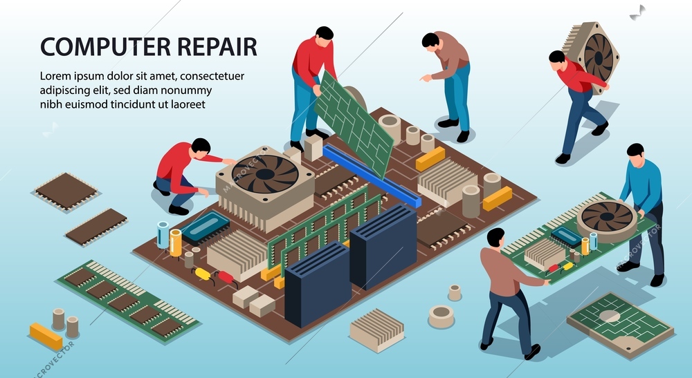 Repair service fixing computer 3d isometric isolated vector illustration