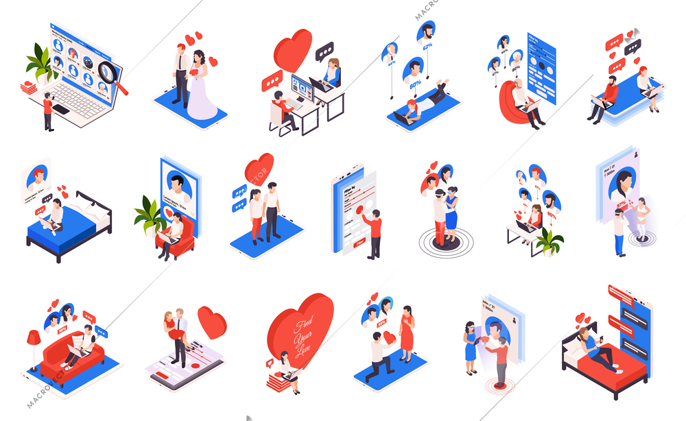 Virtual relationship isometric icons set with  choosing partner online dating heart love proposal wedding isolated vector illustration