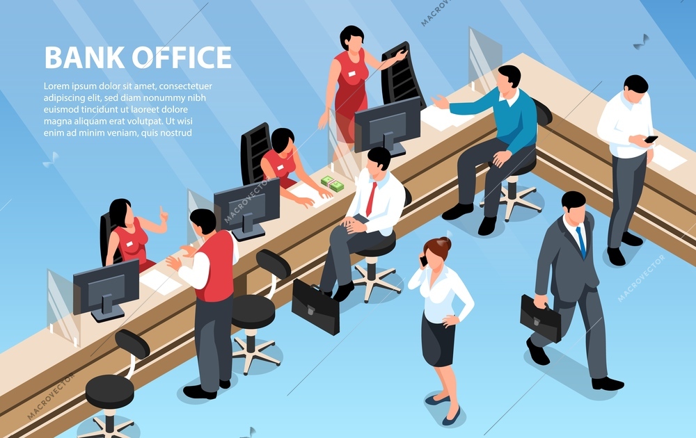 Workers and clients at bank office 3d isometric vector illustration