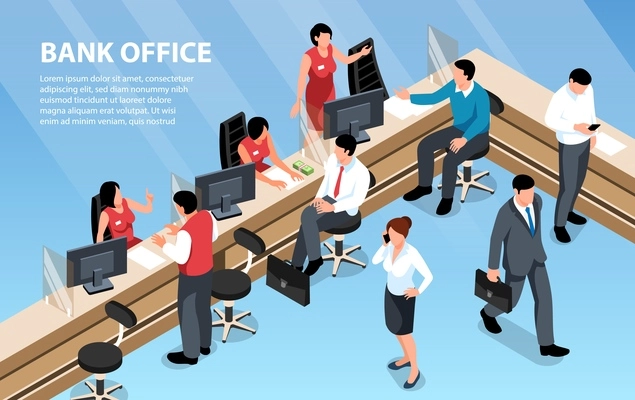 Workers and clients at bank office 3d isometric vector illustration