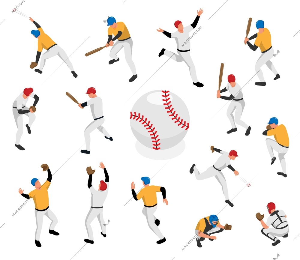 Isometric sport baseball set with isolated human characters of players of different positions with ball images vector illustration