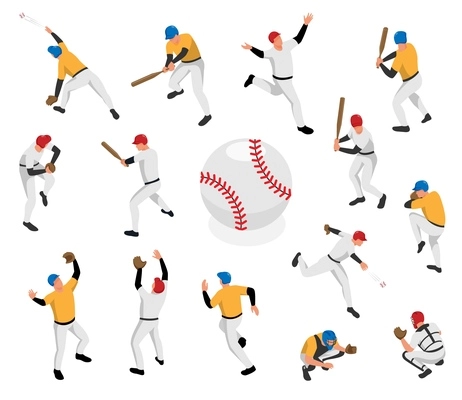 Isometric sport baseball set with isolated human characters of players of different positions with ball images vector illustration