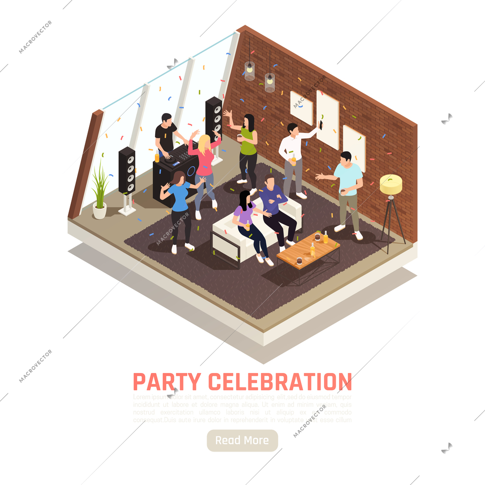 Party celebration isometric background with indoor view of house party with dancing people button and text vector illustration