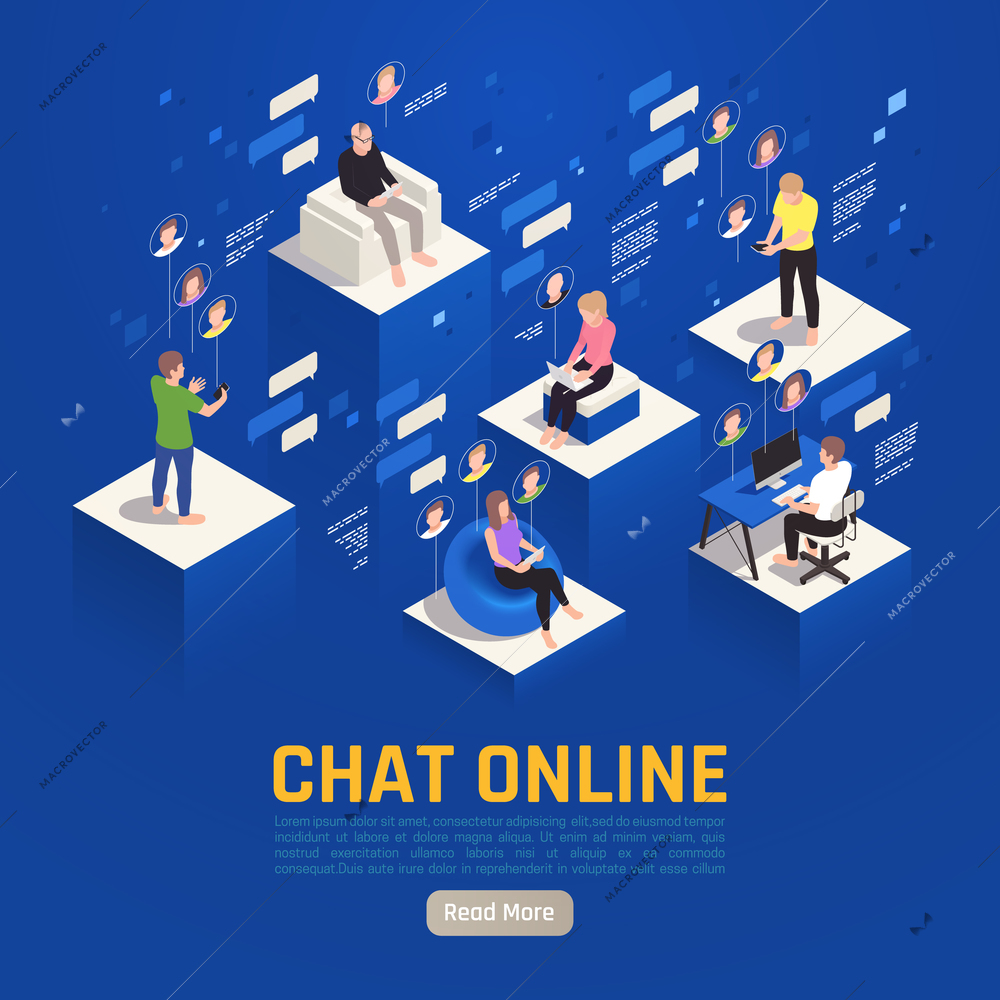 Online virtual team building isometric background with editable text read more button and people with pictograms vector illustration