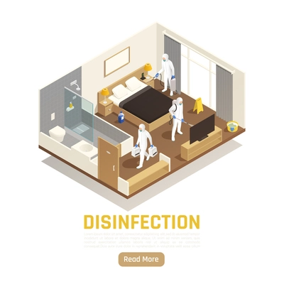 Sanitizing isometric background with read more button text and images of disinfection team cleaning up room vector illustration