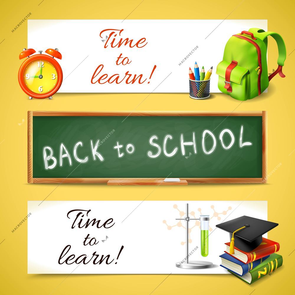Realistic time to learn back to school horizontal banners set with education icons vector illustration