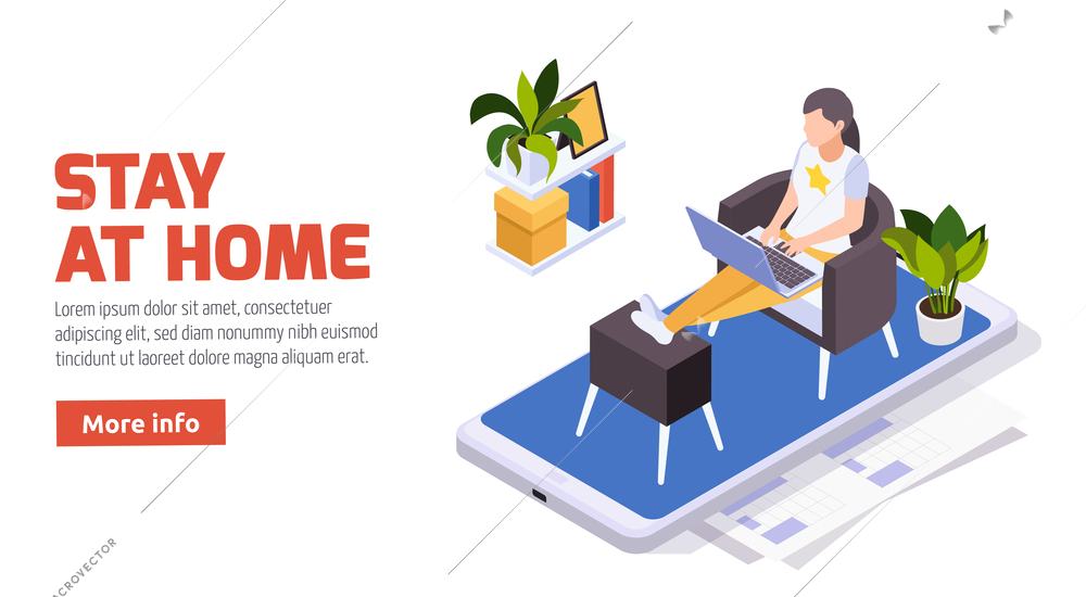 Stay home isometric composition with woman sitting on mobile screen typing on laptop working remotely vector illustration