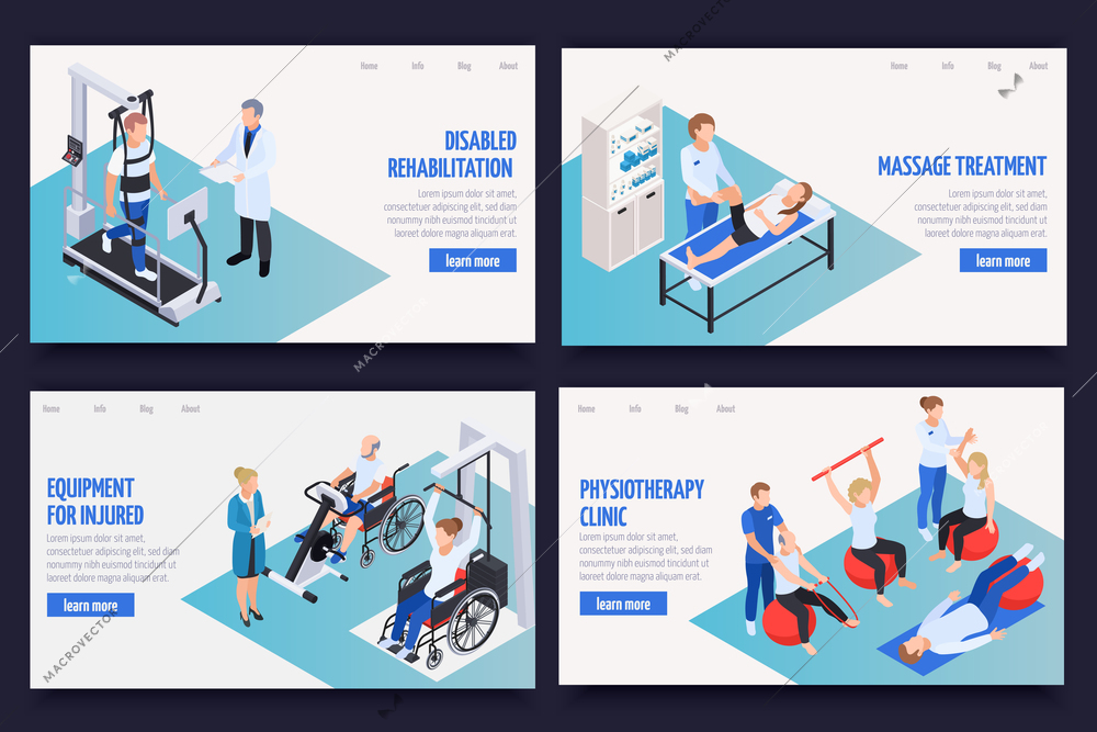 Physiotherapy rehabilitation clinic concept 4 isometric compositions with massage treatment disabled exercises equipment web page vector illustration