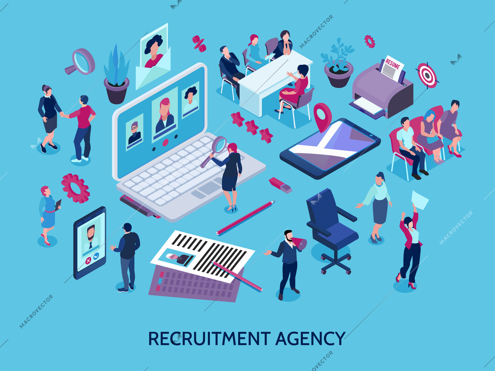 Recruitment agency concept isometric composition with online applicants search magnifier candidates selection interview employment contract vector illustration