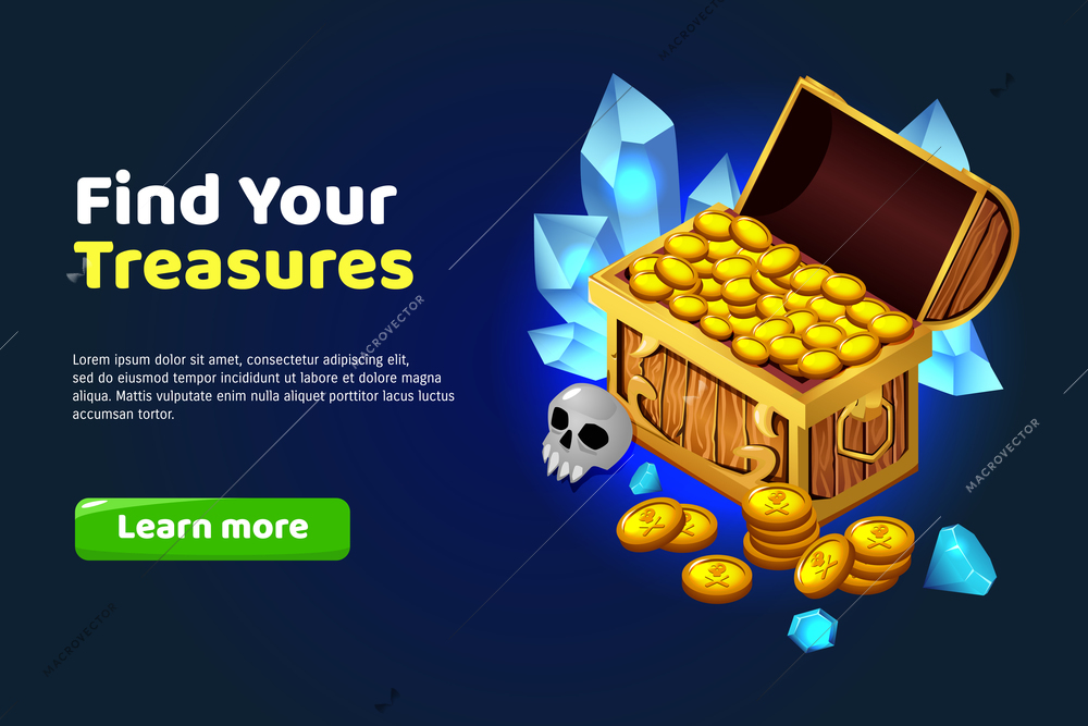 Find treasure cartoon poster with chest of gold and jemstones vector illustration