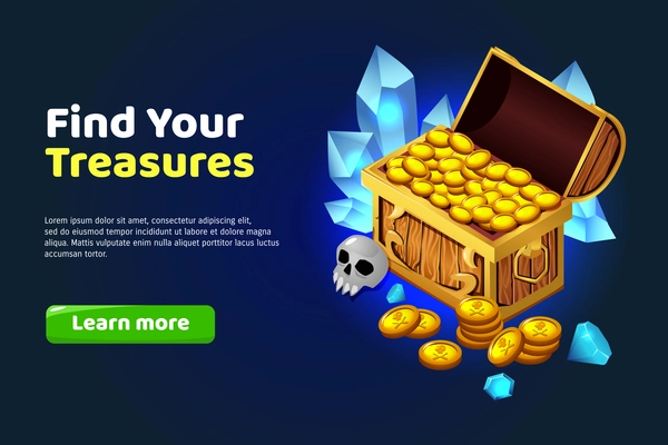 Find treasure cartoon poster with chest of gold and jemstones vector illustration