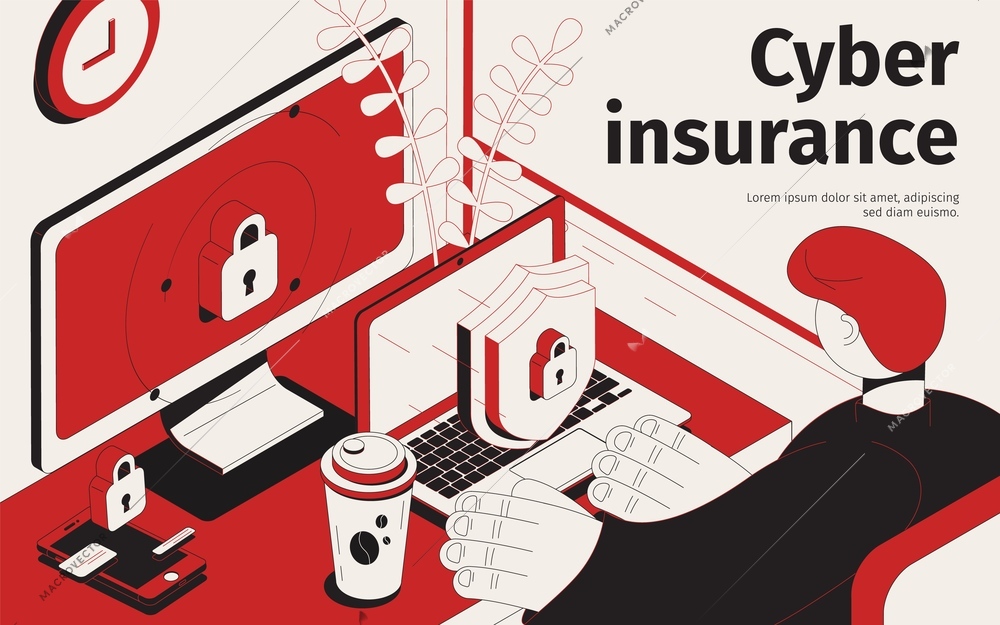 Cyber insurance isometric background with view of lock shield symbols on workplace computers with editable text vector illustration