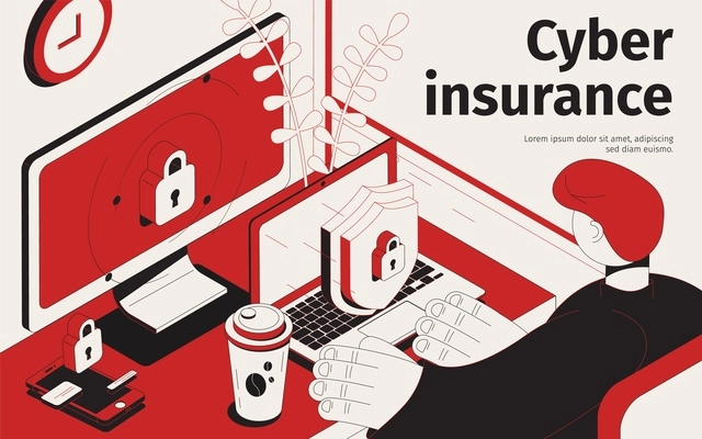 Cyber insurance isometric background with view of lock shield symbols on workplace computers with editable text vector illustration