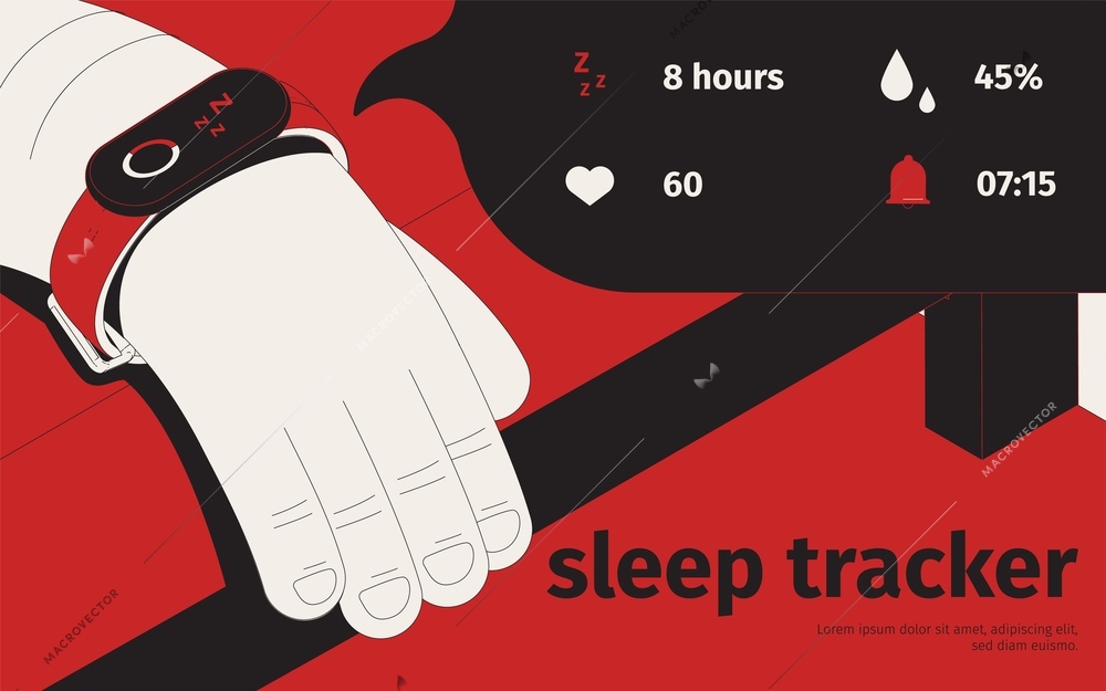 Sleep tracker isometric background with editable text and image of human head with smart watch bracelet vector illustration