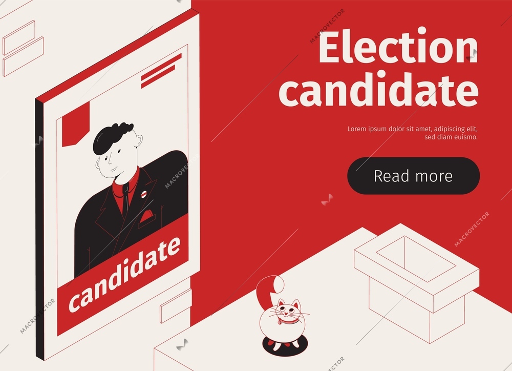 Election candidate horizontal banner with isometric images placard with portrait editable text and read more button vector illustration