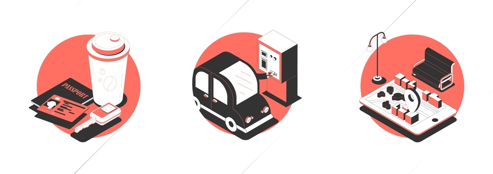 Set with three isolated behind wheel compositions of isometric images documents parking machine and location signs vector illustration