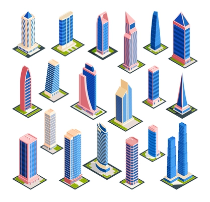 Isometric city skyscrapers set with isolated images of modern urban architecture tall buildings on blank background vector illustration