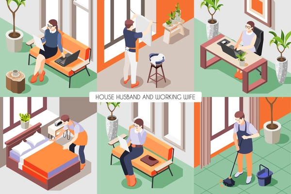 Isometric background with wife working on computer and house husband washing mopping floor making bed 3d isolated vector illustration