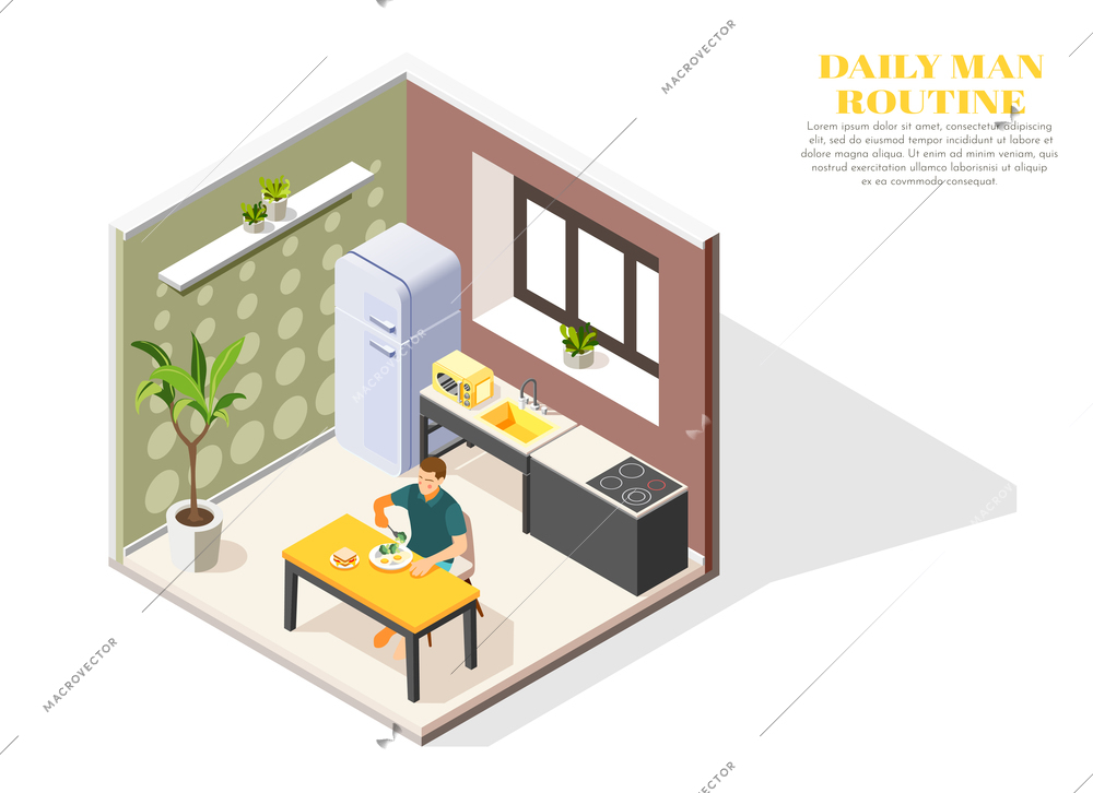 Daily routine isometric composition with man eating breakfast in kitchen 3d vector illustration