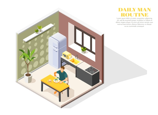 Daily routine isometric composition with man eating breakfast in kitchen 3d vector illustration