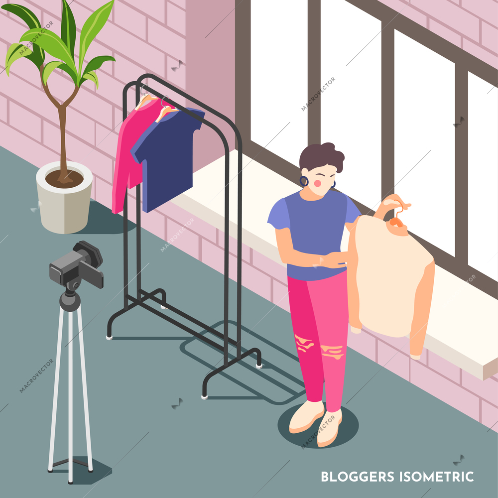 Isometric background with female fashion blogger holding sweater and shooting video with camera 3d vector illustration