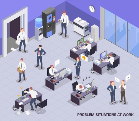 Problem situations at work isometric colored composition with open space and working process vector illustration