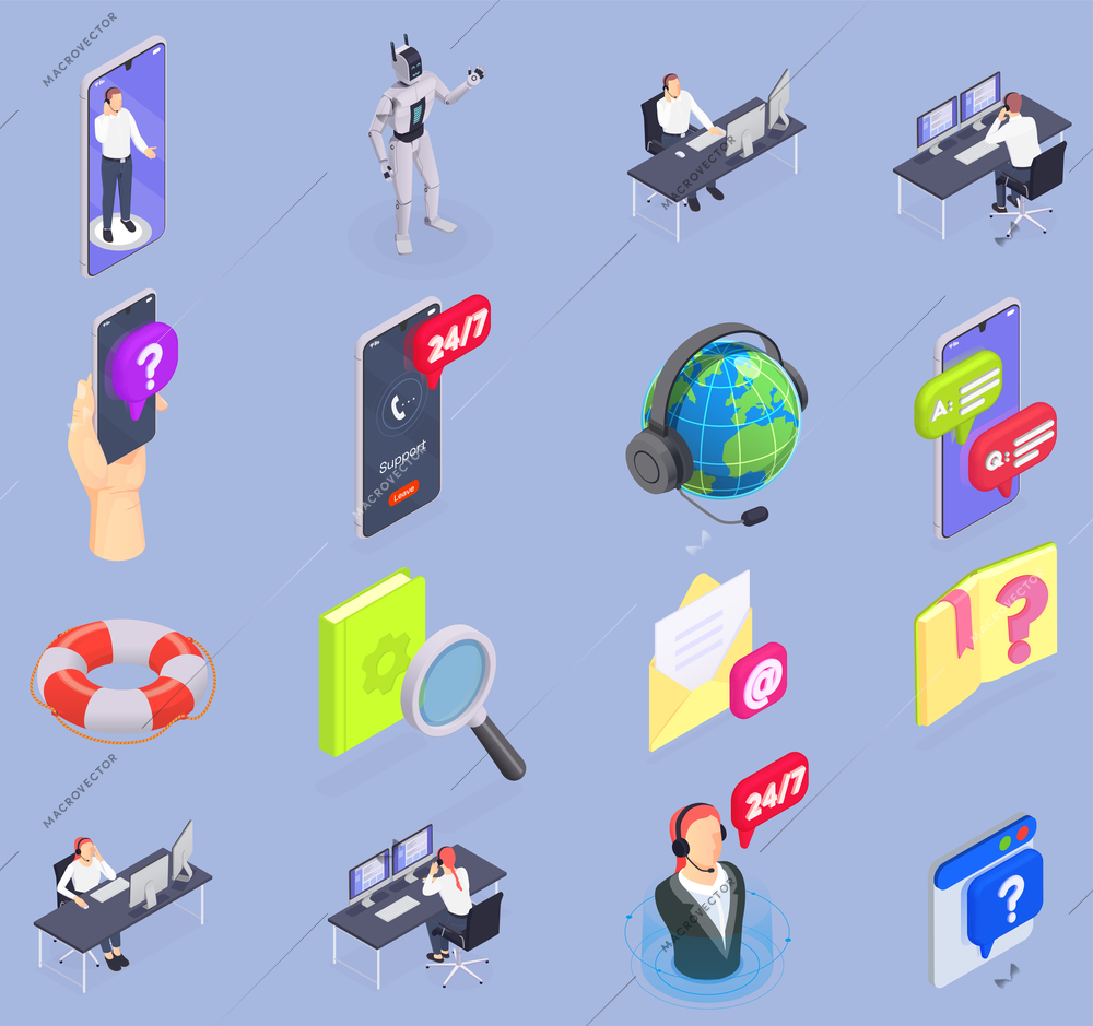 Customer service isometric isolated icon set with operators online support chat bot vector illustration