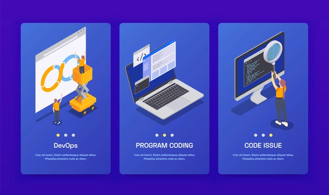 Three vertical programming coding development isometric banner set with devops program coding and code issue descriptions vector illustration