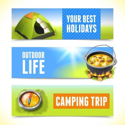 Camping trip outdoor hiking travel holidays horizontal banners isolated vector illustration.