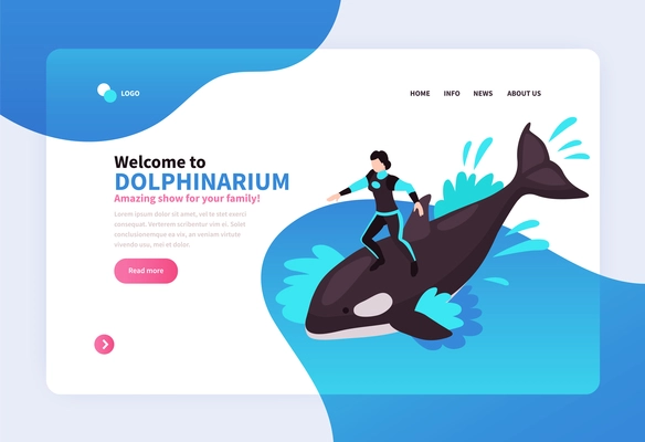 Welcome to dolphinarium landing page with female animal trainer riding on orca isometric vector illustration