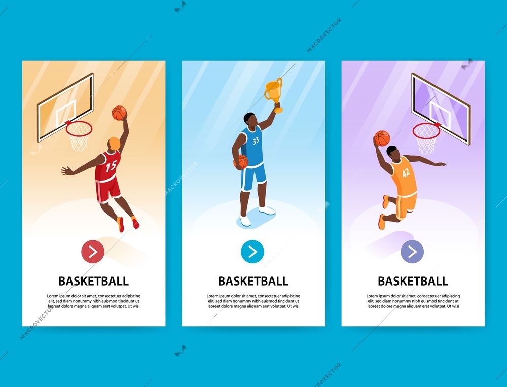 Basketball vertical banners with athletes scoring  goal in basket isometric vector illustration