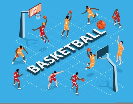 Isometric flowchart with two teams playing basketball on blue background 3d vector illustration