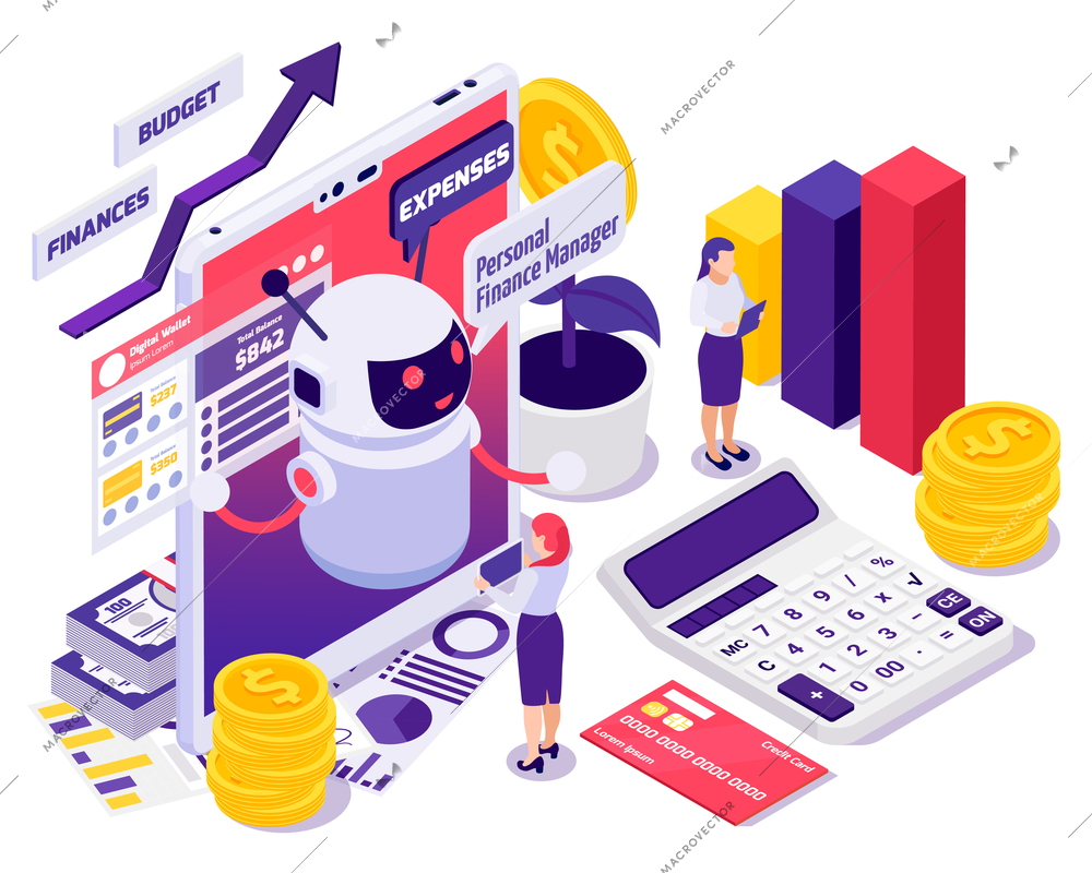 Chatbot messenger banking services isometric composition with personal financial manager providing budget expenses solutions vector illustration