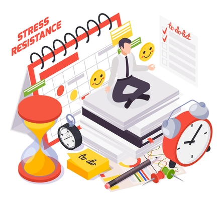 Soft skills concept isometric composition with work under pressure ability time management stress resistance symbols vector illustration