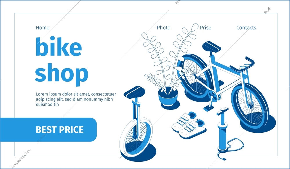 Isometric blue and white bike shop web page with 3d bicycle inflator trainers vector illustration