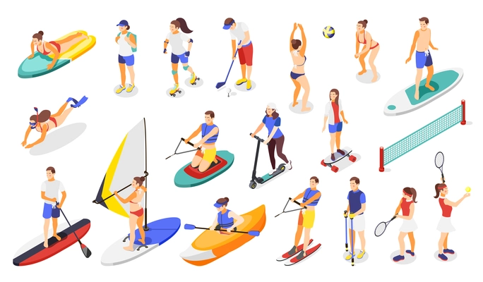 Summer sports and outdoor activities isometric icons with people playing golf tennis volleyball skating vector illustration
